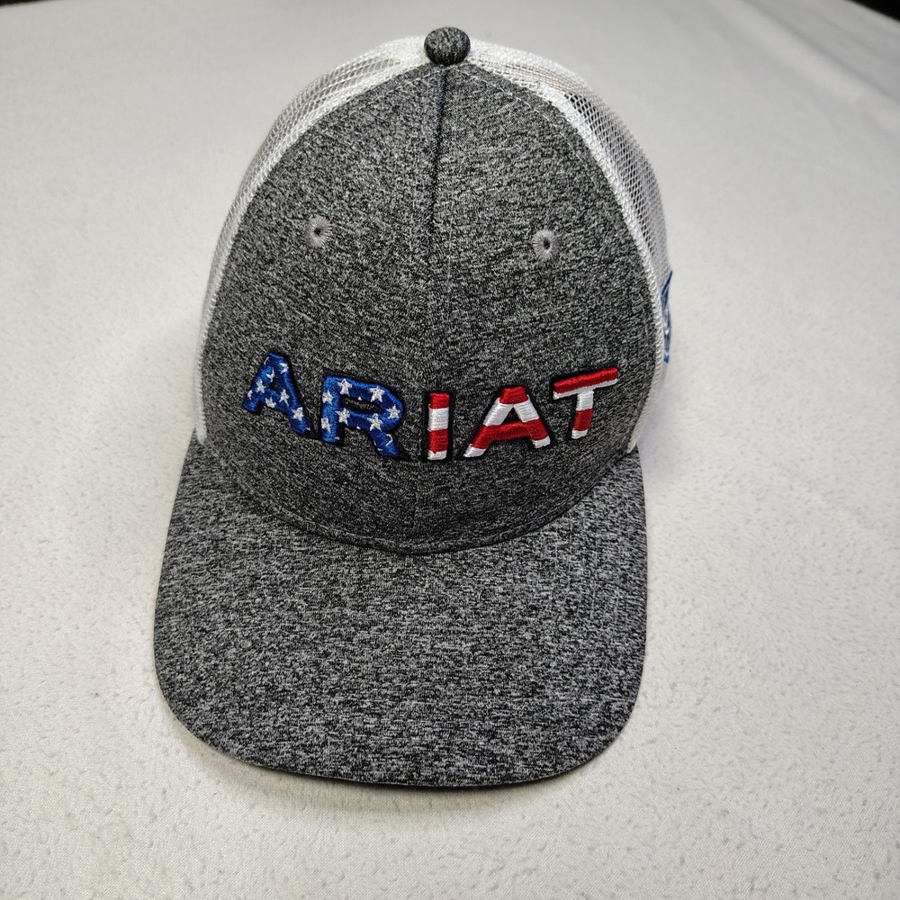 Ariat Trucker Hat Cap Snap Back Grey White American Flag Logo Snapback Mesh Cap